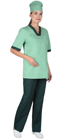 Костюм медицинский "СОФИЯ" женский светлая мята с тёмно-зелёным.Блуза, брюки и колпак.Ткань 115 г/м2 (б/р)