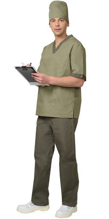 Костюм медицинский "РЕАЛ" мужской оливковый с хаки.Блуза, брюки и колпак. Ткань смесовая пл.115гр/м2 (б/р)