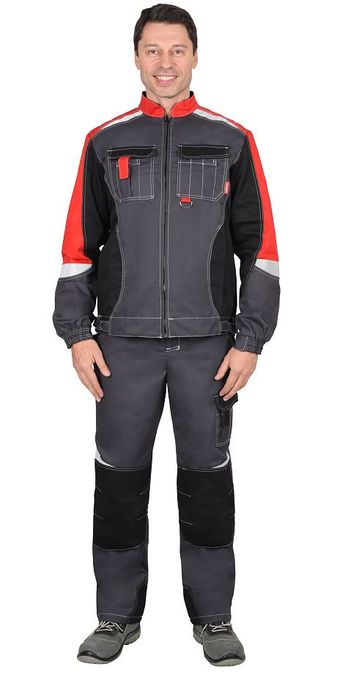 Куртка "Фаворит-Мега" серая с красными и черными вставками. Ткань смесовая пл.245г/м2 (б/р)